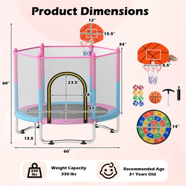 3-in-1 Kids Trampoline 60" With Basketball Hoop & Dartboard, Gap-Free Jumping Mat Toddler Trampoline For Ages 3-6