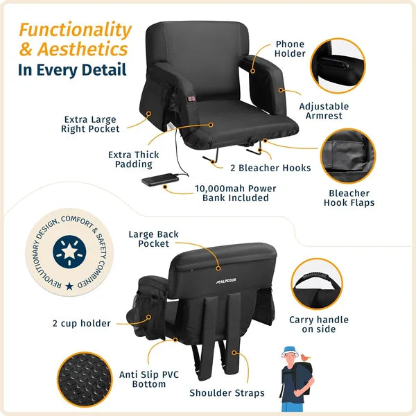 Alpcour Premium Heated Massage Reclining Stadium Seat For Bleachers With Back Support