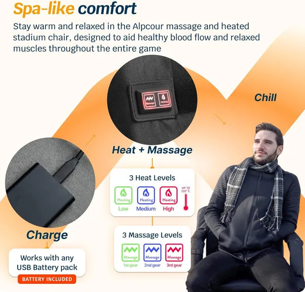 Alpcour Premium Heated Massage Reclining Stadium Seat For Bleachers With Back Support