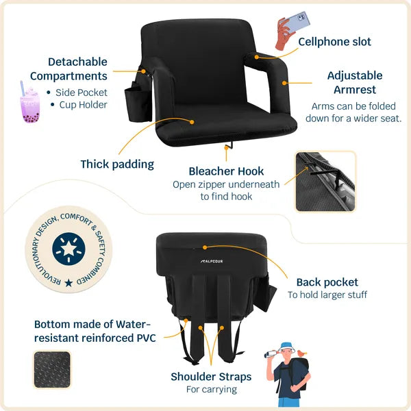 Alpcour Reclining Stadium Seat - Waterproof Foldable Camping Chair With Extra Thick Padding And Wide Back Support