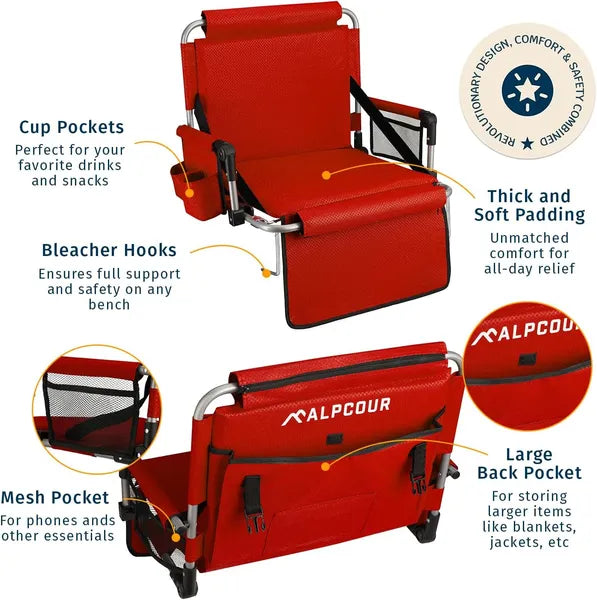 Alpcour Stadium Seat - Foldable, Padded Bleacher Chair With Backrest, Armrest, Pockets, & Cup Holder