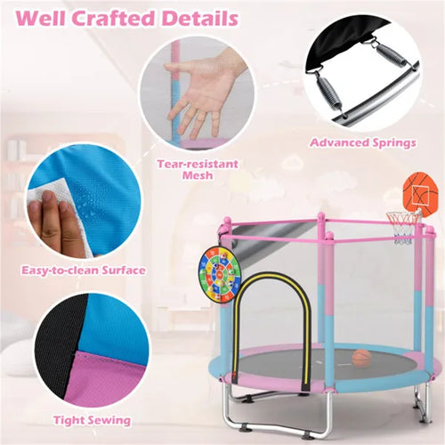 3-in-1 Kids Trampoline 60" With Basketball Hoop & Dartboard, Gap-Free Jumping Mat Toddler Trampoline For Ages 3-6