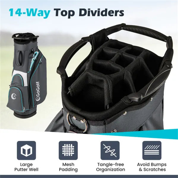 14-Way Golf Cart Bag - 6 Zippered Pockets+Cooler Pocket, Waterproof Zippers, Gray+Blue