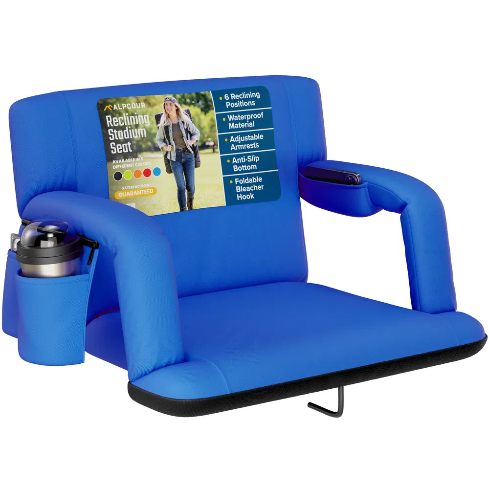 Alpcour Reclining Stadium Seat - Waterproof Foldable Camping Chair With Extra Thick Padding And Wide Back Support
