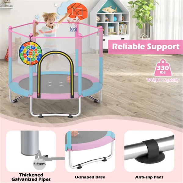 3-in-1 Kids Trampoline 60" With Basketball Hoop & Dartboard, Gap-Free Jumping Mat Toddler Trampoline For Ages 3-6